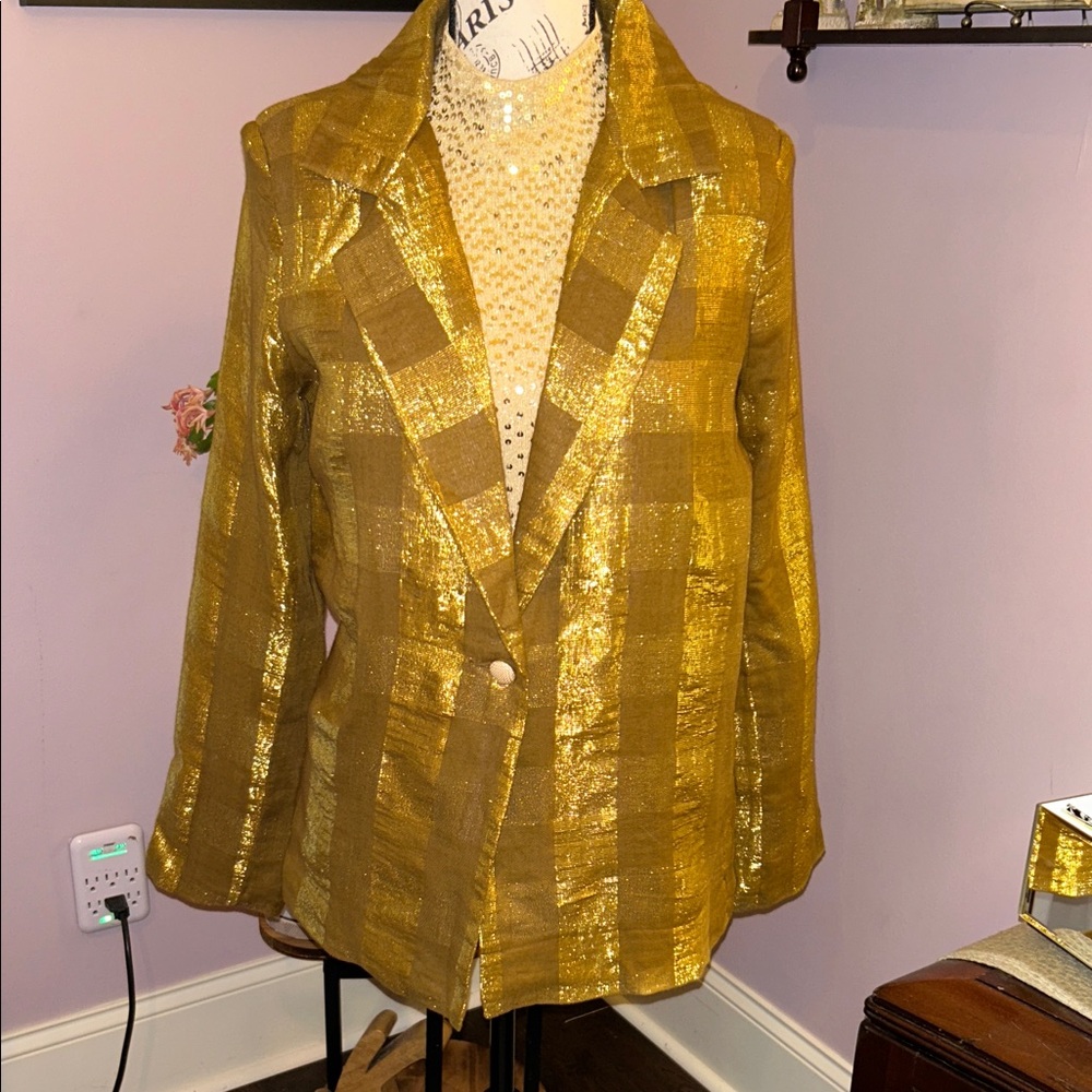 Size Med-Lustrous metallic Gold checked Women's Blazer